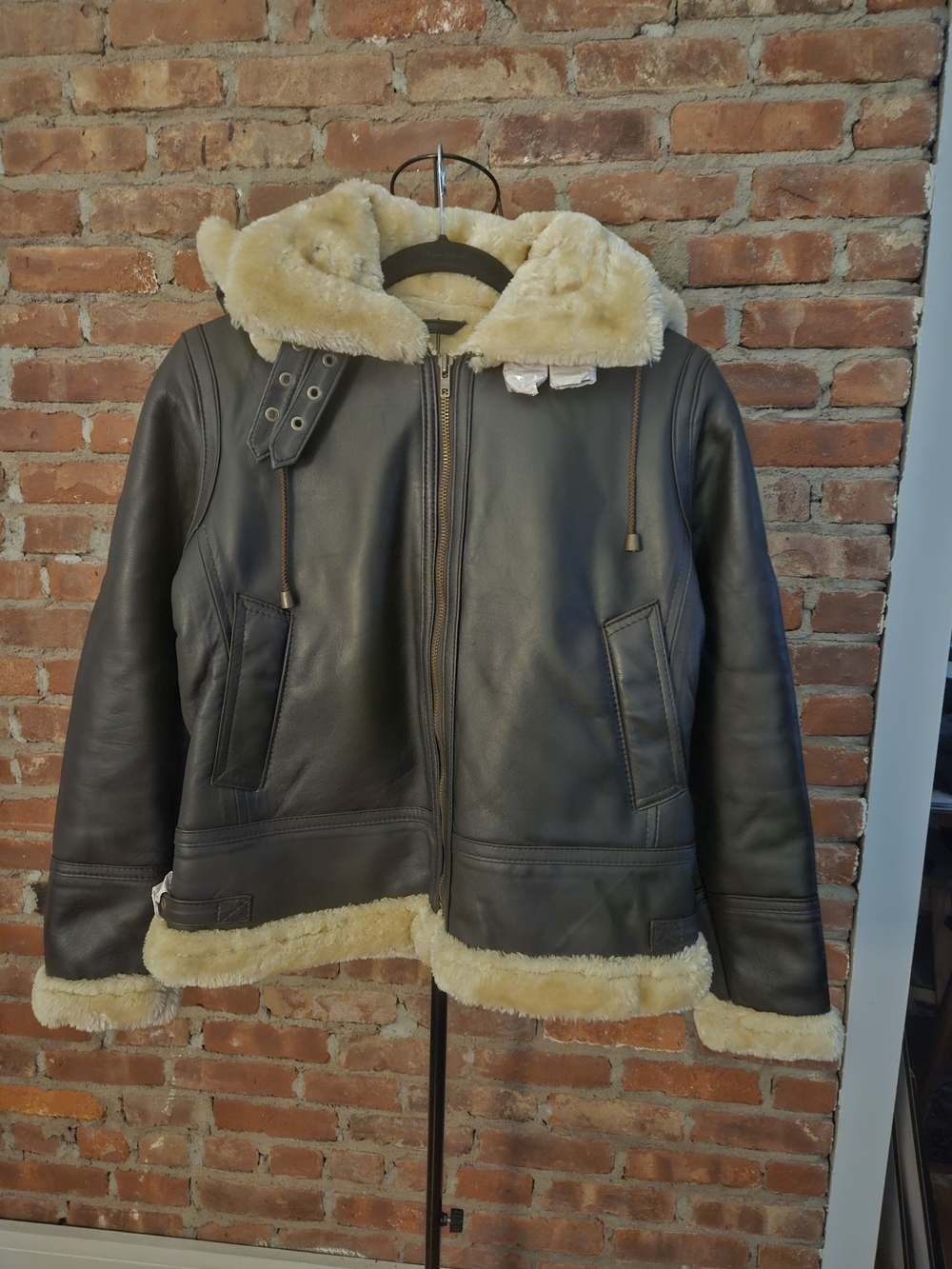 Womens Black Leather Bomber Jacket with Cream Shearling Trim